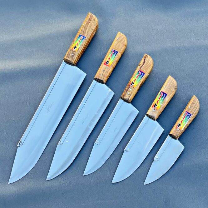 5 pcs handmade kitchen knife set with olive wood handles