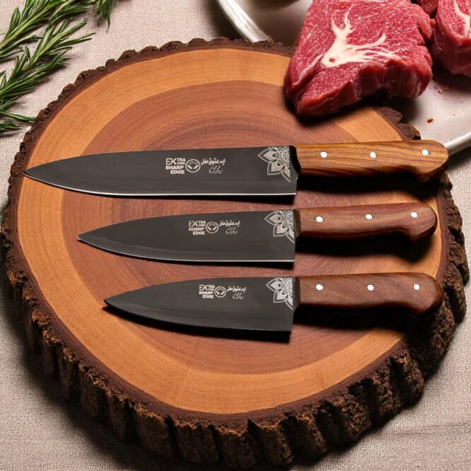 Premium Quality 3-Piece Handmade QURBANI Knife Set – High Grade Alloy Spring Steel (C75/SK5) with Rosewood Handles - Image 2