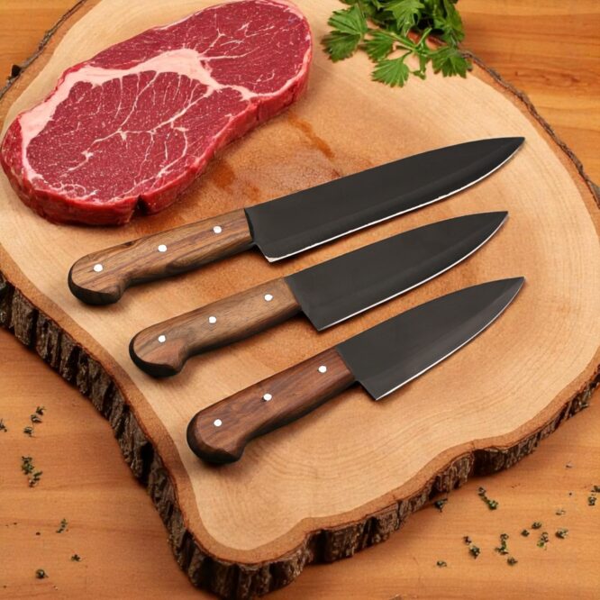 Premium Quality 3-Piece Handmade QURBANI Knife Set – High Grade Alloy Spring Steel (C75/SK5) with Rosewood Handles - Image 3